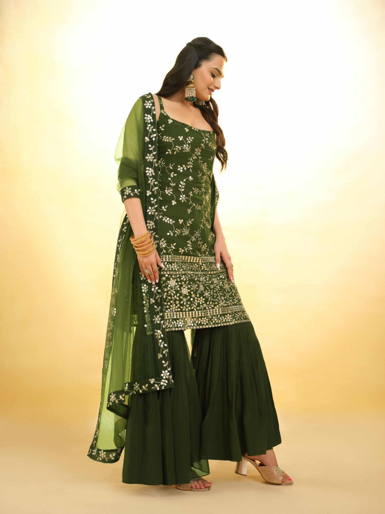 Mehndi Green Georgette Suit with Embroidery and Shantoon Bottom ClothsVilla