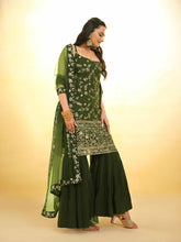 Load image into Gallery viewer, Mehndi Green Georgette Suit with Embroidery and Shantoon Bottom ClothsVilla