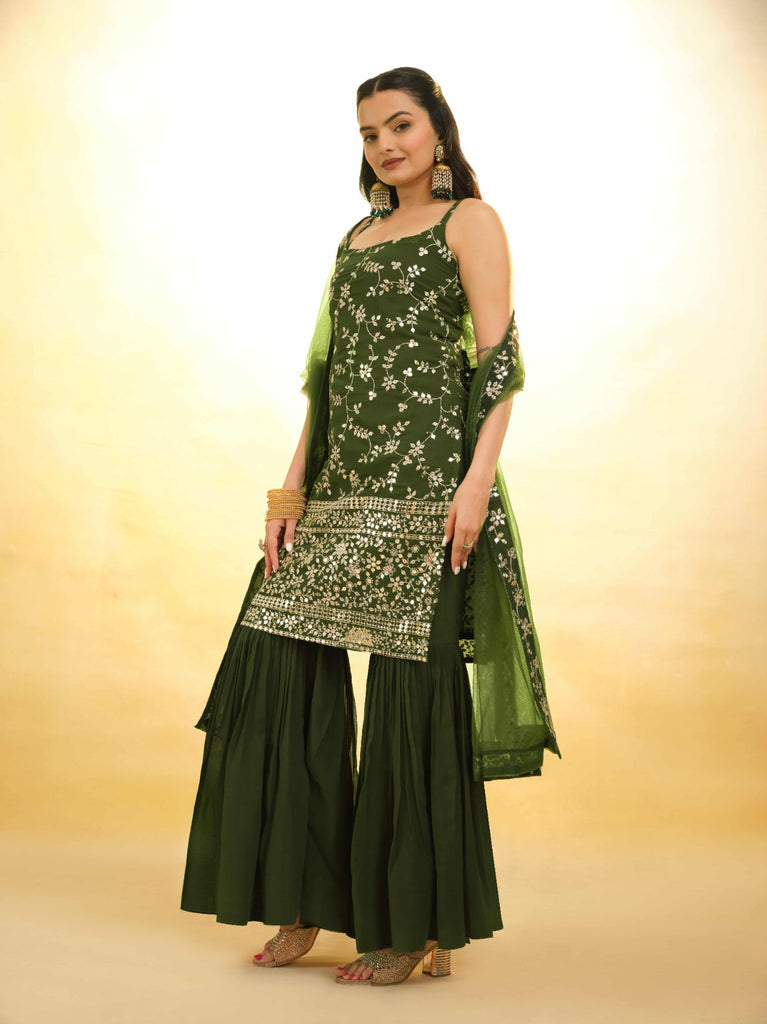 Mehndi Green Georgette Suit with Embroidery and Shantoon Bottom ClothsVilla