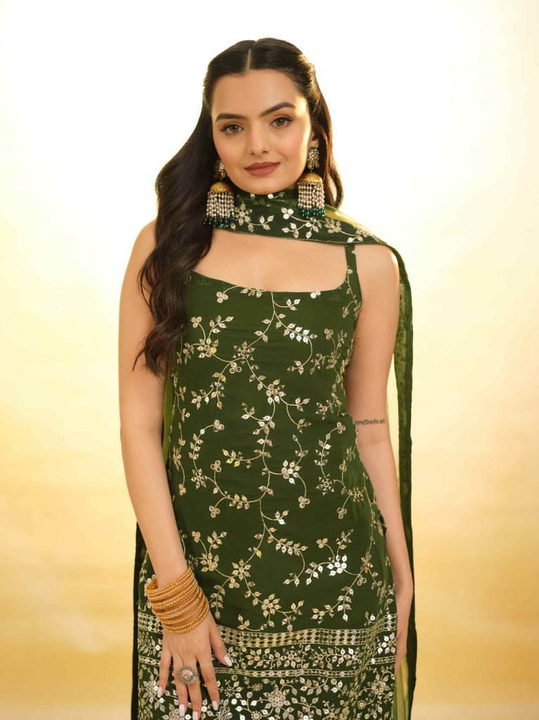 Mehndi Green Georgette Suit with Embroidery and Shantoon Bottom ClothsVilla