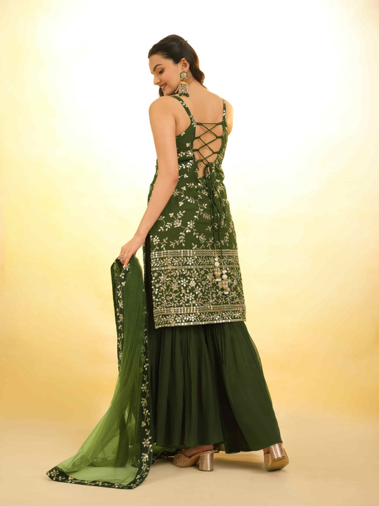 Mehndi Green Georgette Suit with Embroidery and Shantoon Bottom ClothsVilla