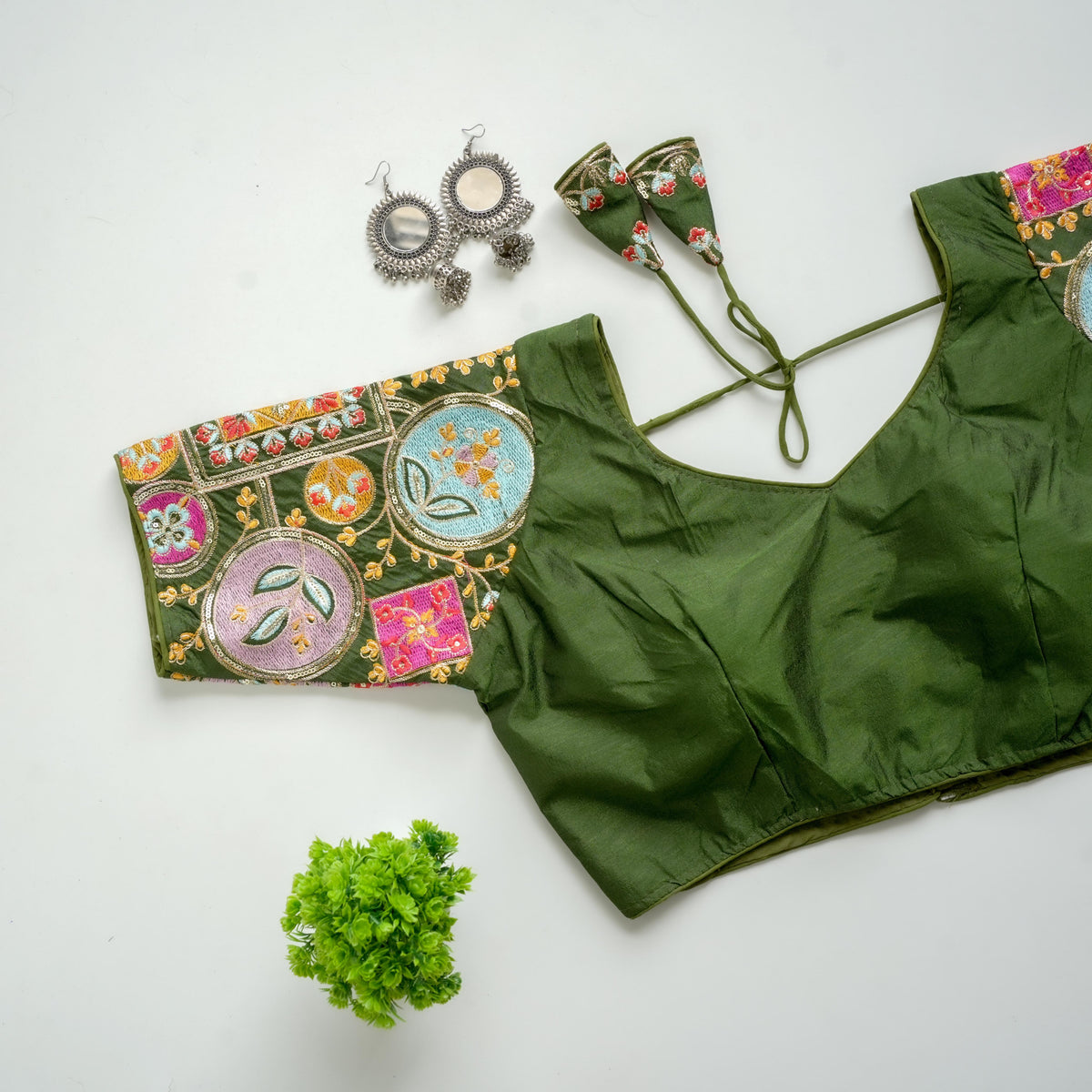 Mehndi Green Golden Embroidered Blouse with Sequins on Seoul Silk Sleeves ClothsVilla Main image