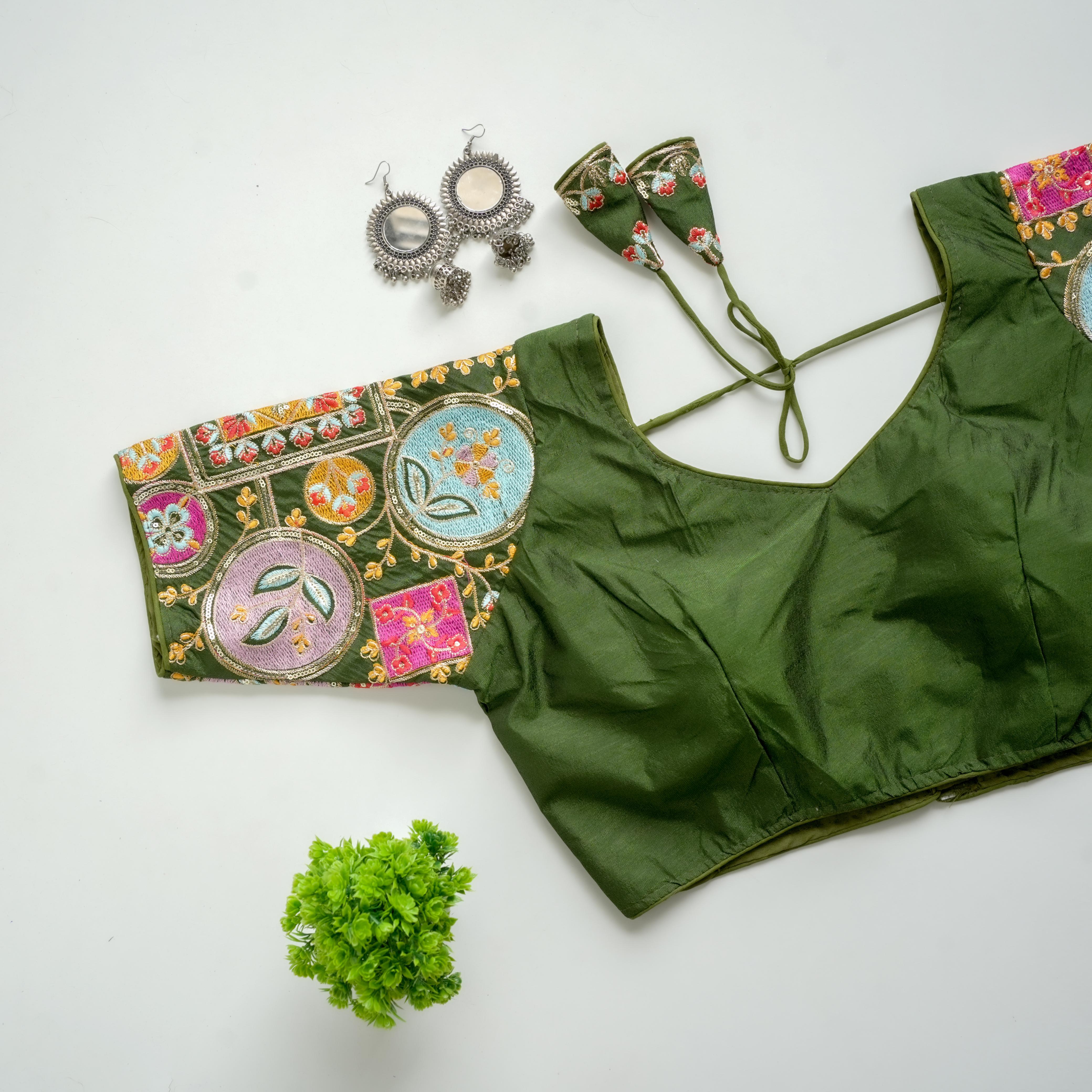 Mehndi Green Golden Embroidered Blouse with Sequins on Seoul Silk Sleeves ClothsVilla Main image