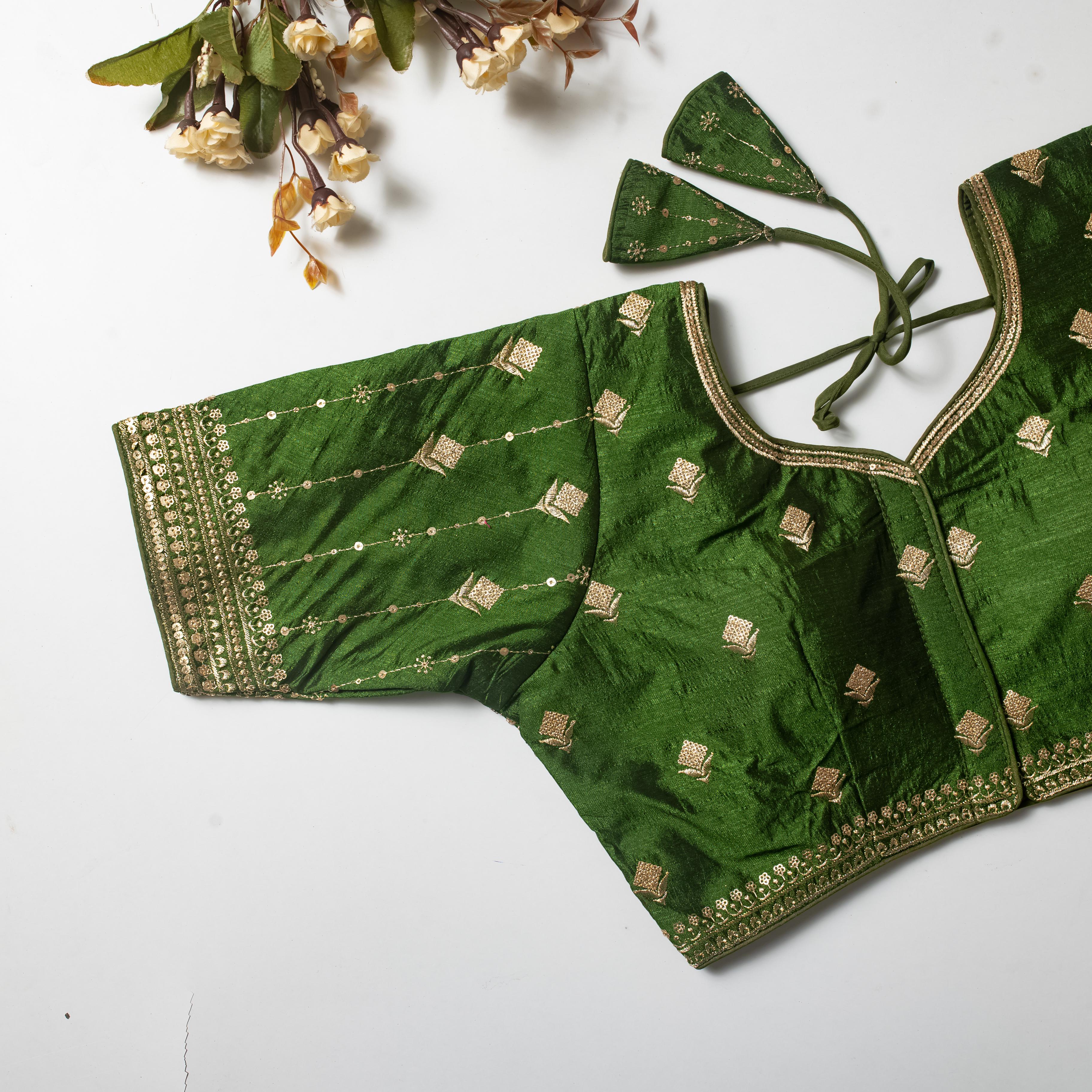Mehndi Green Golden Embroidered Vibrant Silk Blouse with Sequins ClothsVilla Main image