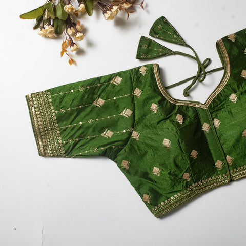 Mehndi Green Golden Embroidered Vibrant Silk Blouse with Sequins ClothsVilla Main image