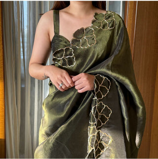 Mehndi Green Lotus Jari Silk Saree with Exquisite Golden Handwork & Running Blouse ClothsVilla