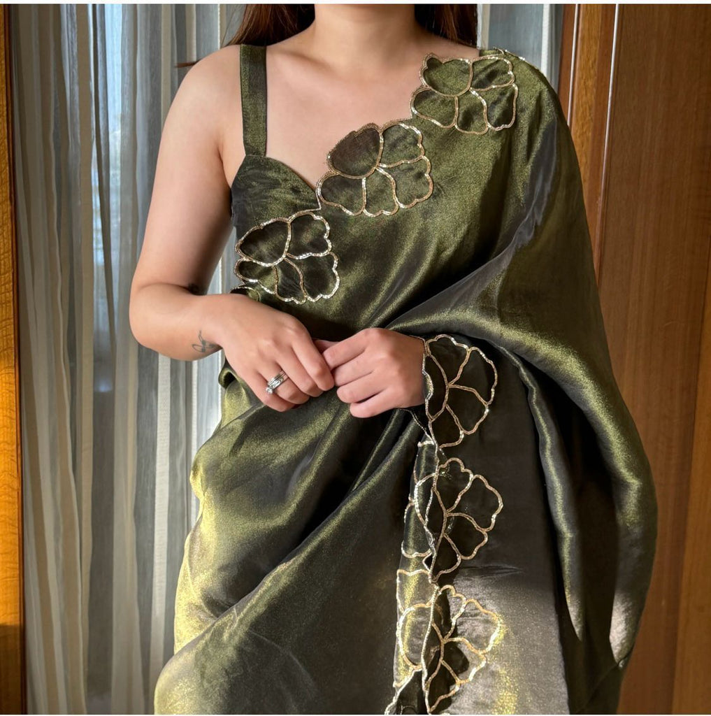 Mehndi Green Lotus Jari Silk Saree with Exquisite Golden Handwork & Running Blouse ClothsVilla