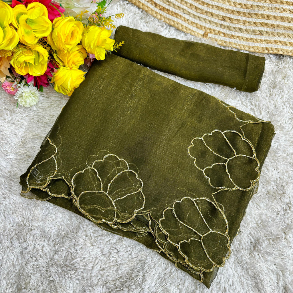 Mehndi Green Lotus Jari Silk Saree with Exquisite Golden Handwork & Running Blouse ClothsVilla