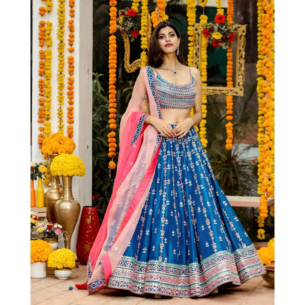 Mesmerizing Blue Lehenga Choli with Multicolor Thread & Sequin Embroidery ClothsVilla