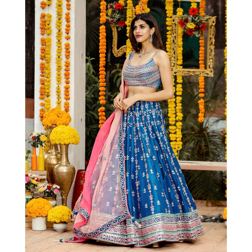 Mesmerizing Blue Lehenga Choli with Multicolor Thread & Sequin Embroidery ClothsVilla