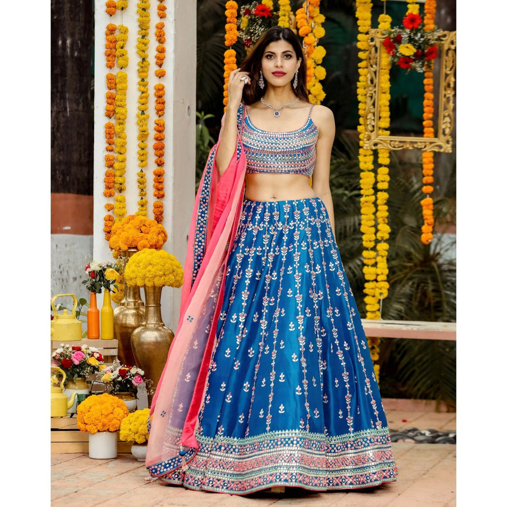 Mesmerizing Blue Lehenga Choli with Multicolor Thread & Sequin Embroidery ClothsVilla