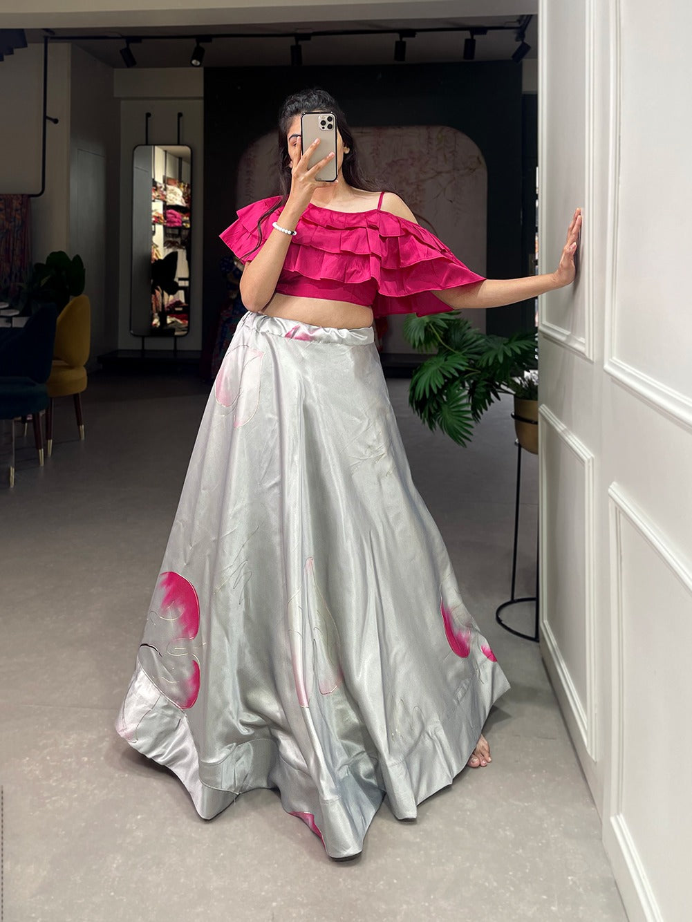Mesmerizing Grey Zari Satin Printed Co-ord Lehenga Set with Fancy Blouse ClothsVilla