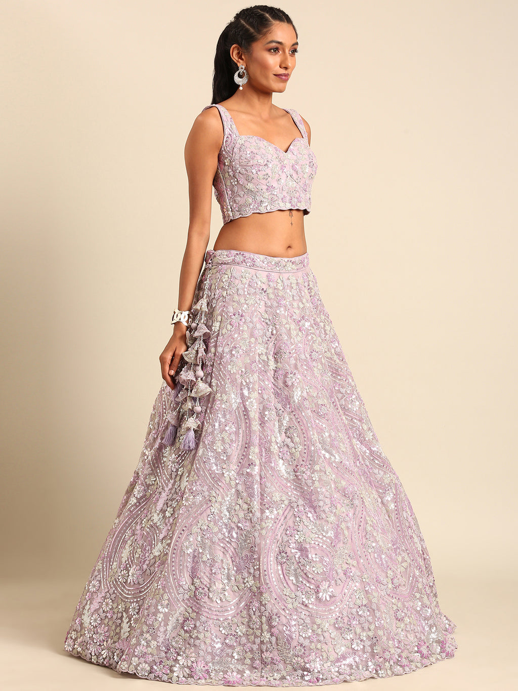 Mesmerizing Lavender Net Lehenga Choli Set with Zari & Sequin Embroidery ClothsVilla