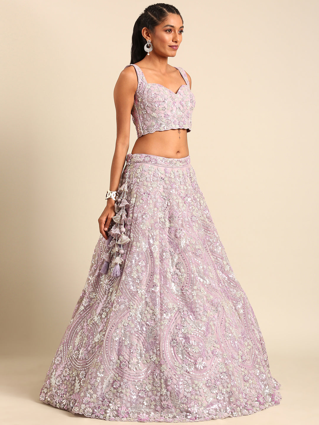Mesmerizing Lavender Net Lehenga Choli Set with Zari & Sequin Embroidery ClothsVilla