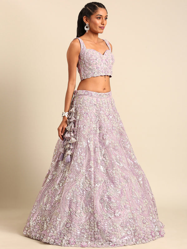 Mesmerizing Lavender Net Lehenga Choli Set with Zari & Sequin Embroidery ClothsVilla