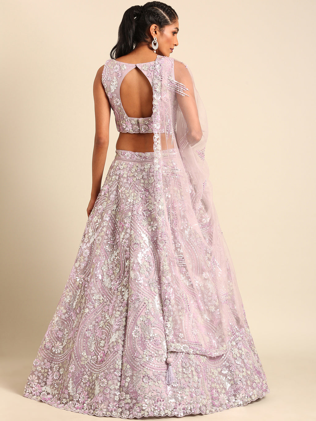 Mesmerizing Lavender Net Lehenga Choli Set with Zari & Sequin Embroidery ClothsVilla