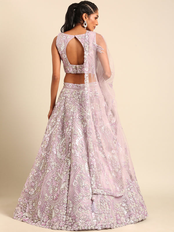 Mesmerizing Lavender Net Lehenga Choli Set with Zari & Sequin Embroidery ClothsVilla
