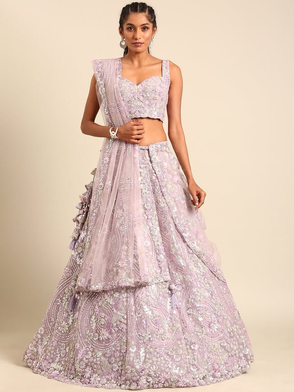 Mesmerizing Lavender Net Lehenga Choli Set with Zari & Sequin Embroidery ClothsVilla