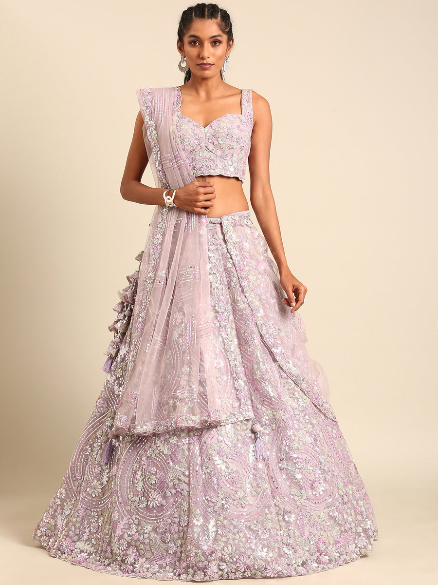 Lavender Net & Shimmer Lycra Crop Top Lehenga Set