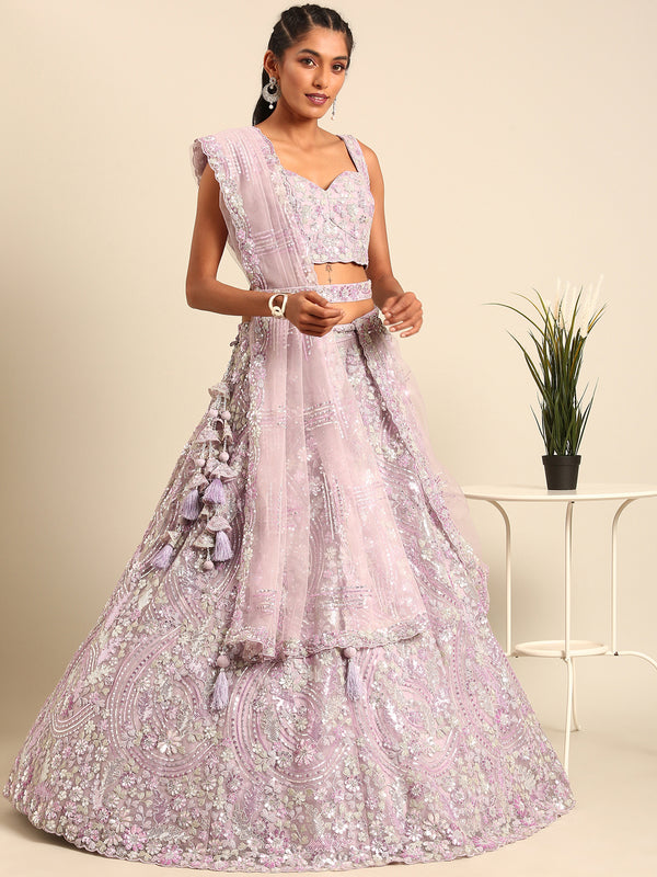 Mesmerizing Lavender Net Lehenga Choli Set with Zari & Sequin Embroidery ClothsVilla