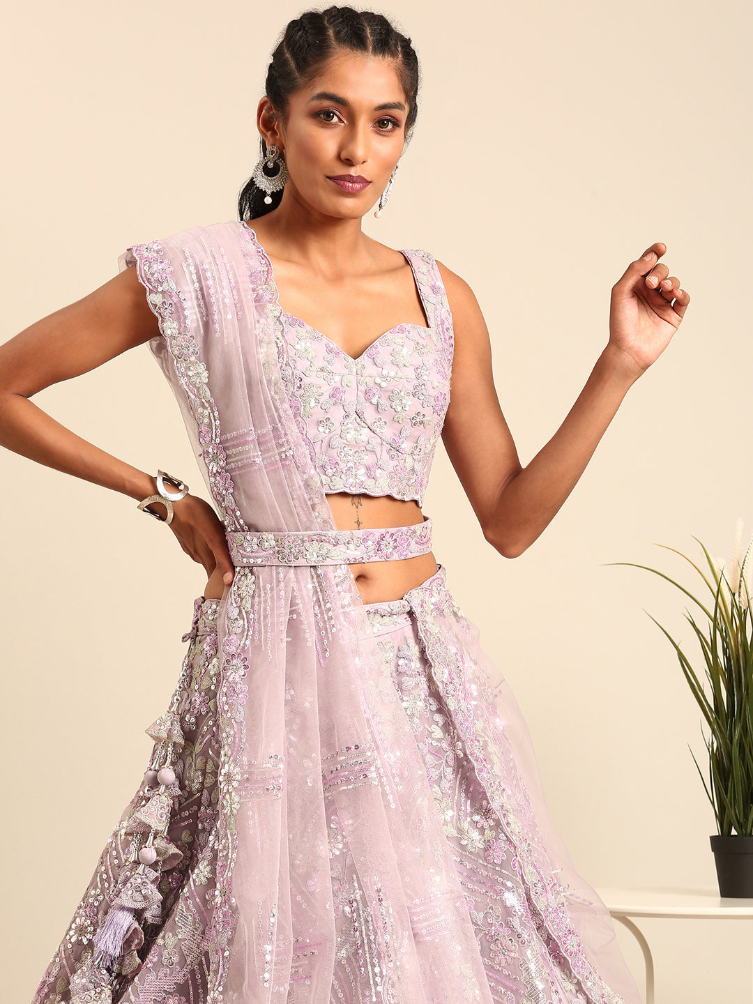 Mesmerizing Lavender Net Lehenga Choli Set with Zari & Sequin Embroidery ClothsVilla
