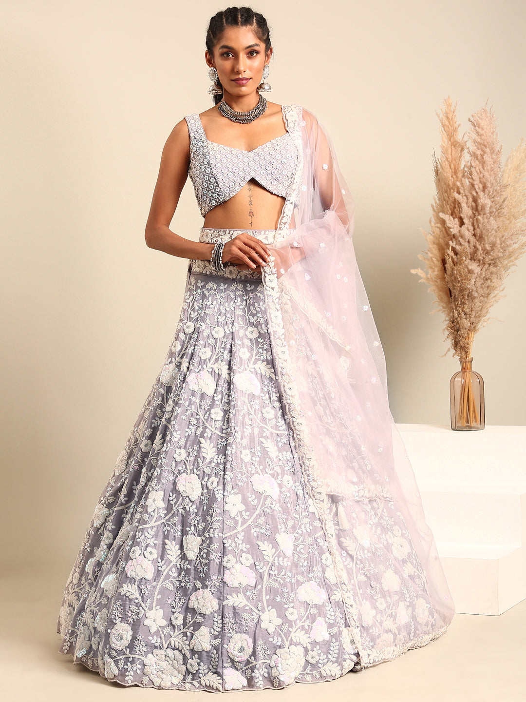 Mesmerizing Mauve Chinon Lehenga - Sequins & Zardozi Embroidery ClothsVilla