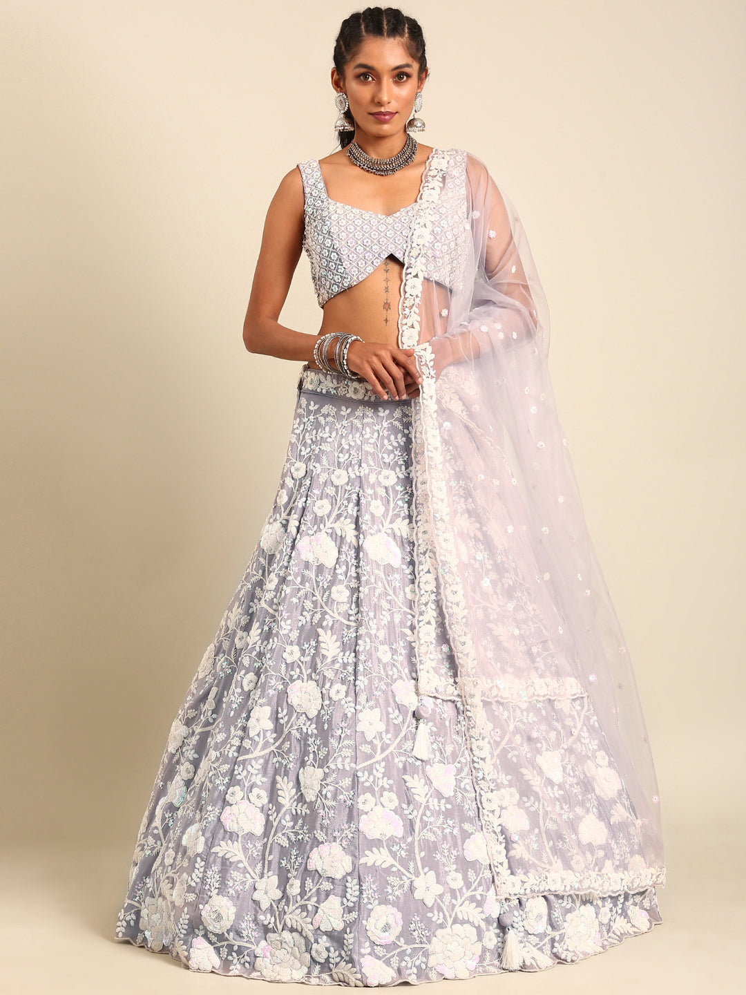 Mesmerizing Mauve Chinon Lehenga - Sequins & Zardozi Embroidery ClothsVilla