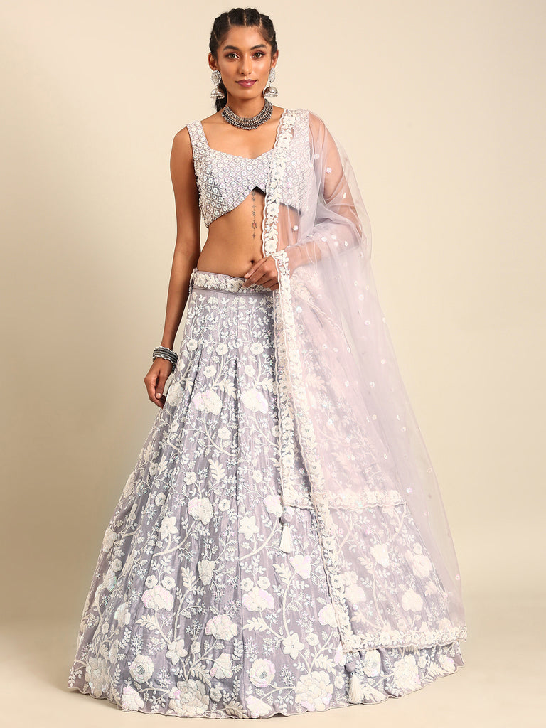 Mesmerizing Mauve Chinon Lehenga - Sequins & Zardozi Embroidery ClothsVilla