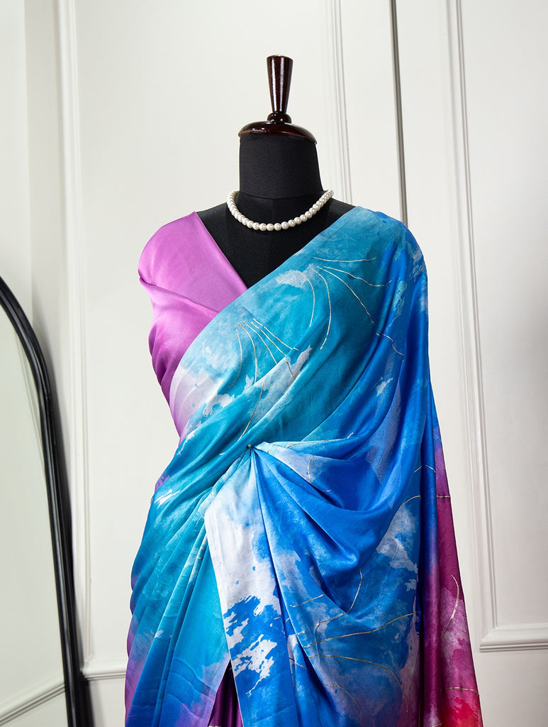 Mesmerizing Multicolor Digital Printed Satin Silk Saree with Foil Work - Wedding Elegance ClothsVilla