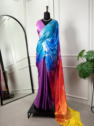 Mesmerizing Multicolor Digital Printed Satin Silk Saree with Foil Work - Wedding Elegance ClothsVilla