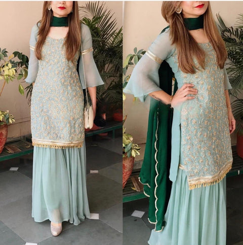 Mesmerizing Sea Green Georgette Sharara Suit - Be the Star of the Party ClothsVilla Main image