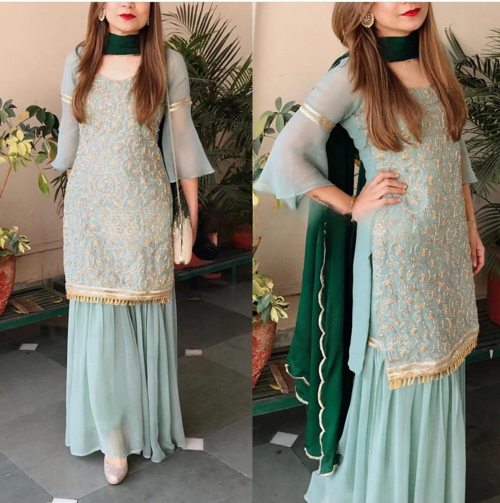 Mesmerizing Sea Green Georgette Sharara Suit - Be the Star of the Party ClothsVilla