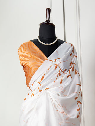 Mesmerizing White Digital Printed Satin Silk Saree with Foil Work - Wedding Elegance ClothsVilla