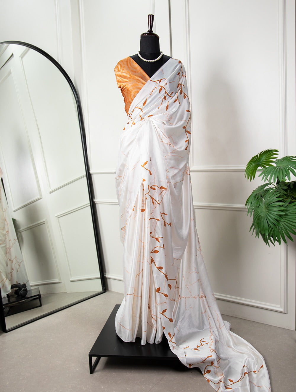 Mesmerizing White Digital Printed Satin Silk Saree with Foil Work - Wedding Elegance ClothsVilla Main image