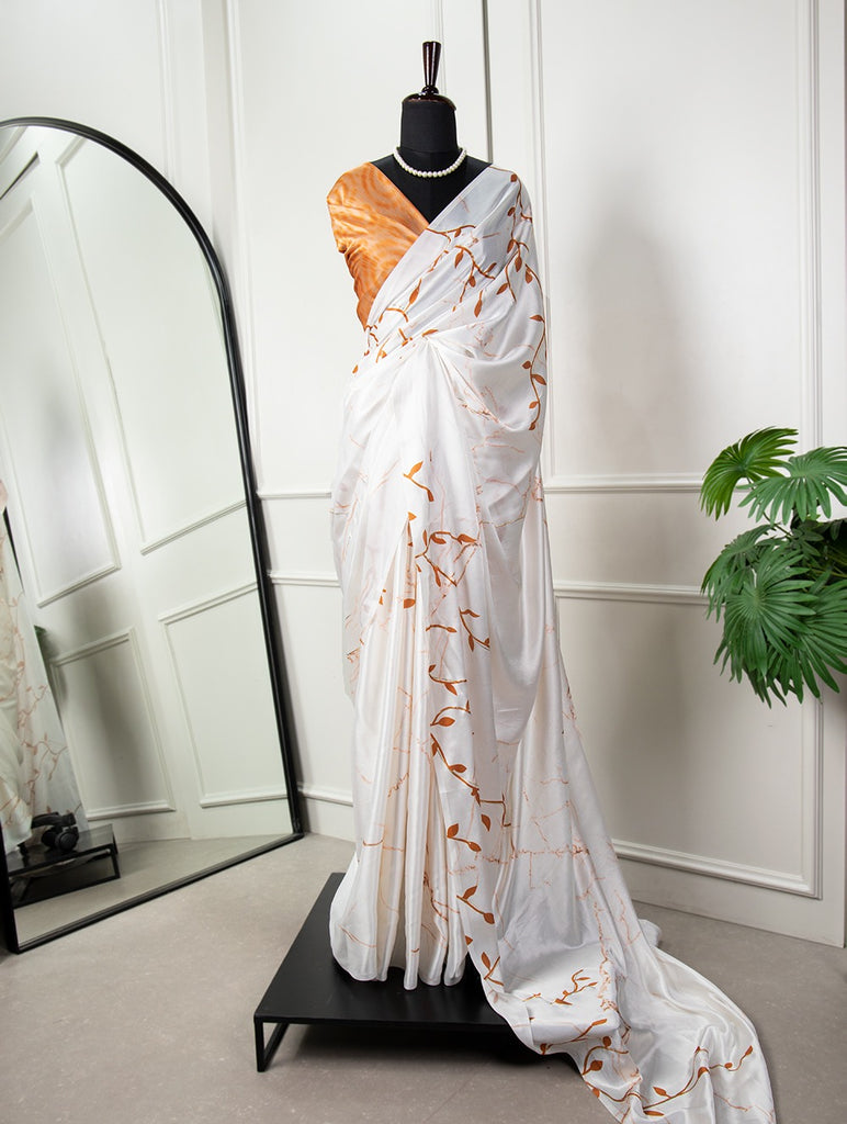 Mesmerizing White Digital Printed Satin Silk Saree with Foil Work - Wedding Elegance ClothsVilla
