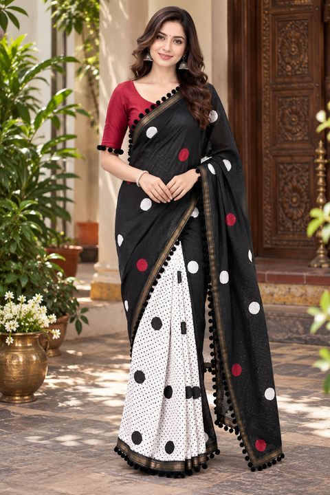 Midnight Grace Black Mul Cotton Saree ClothsVilla Main image