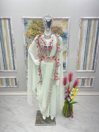 Milky Colour Elegant Wedding & Party Wear 4-Piece Set with Embroidered Belt Clothsvilla