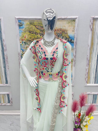 Milky Colour Elegant Wedding & Party Wear 4-Piece Set with Embroidered Belt Clothsvilla