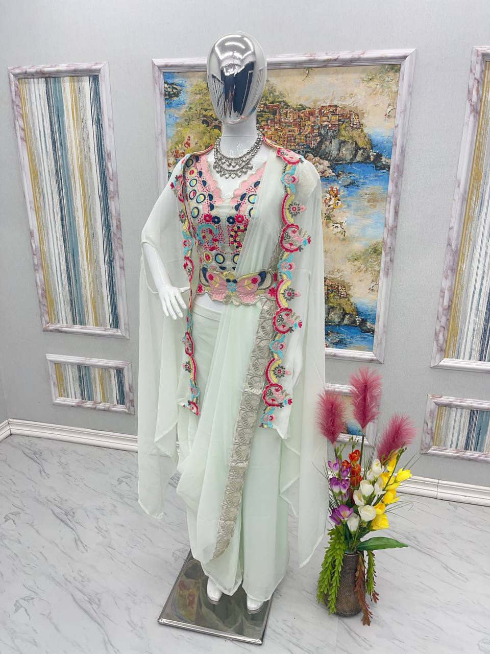 Milky Colour Elegant Wedding & Party Wear 4-Piece Set with Embroidered Belt Clothsvilla