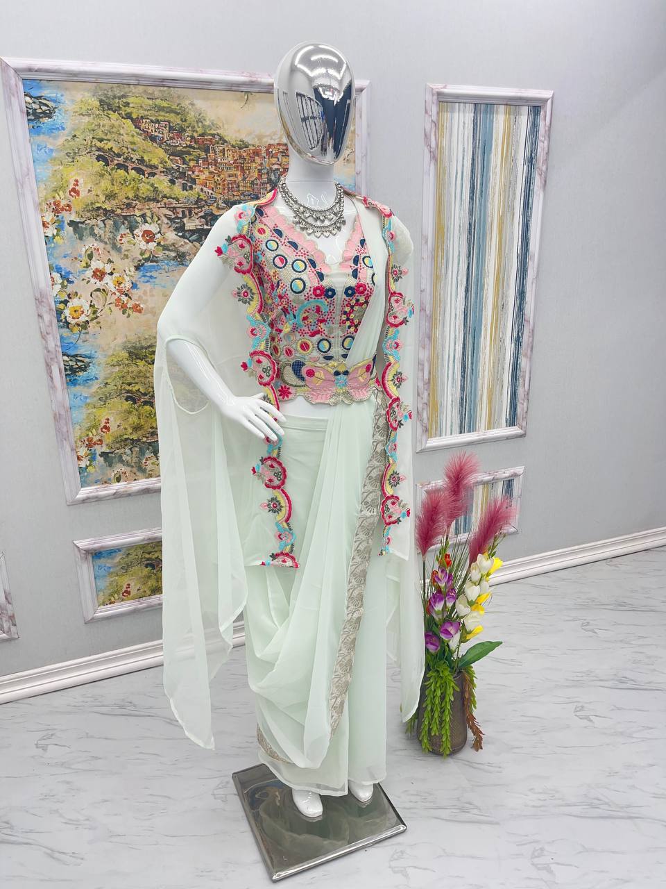 Milky Colour Elegant Wedding & Party Wear 4-Piece Set with Embroidered Belt Clothsvilla