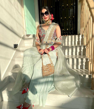 Milky Colour Elegant Wedding & Party Wear 4-Piece Set with Embroidered Belt Clothsvilla