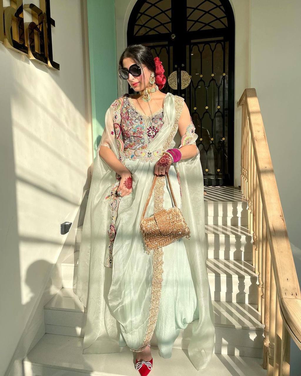 Milky Colour Elegant Wedding & Party Wear 4-Piece Set with Embroidered Belt Clothsvilla