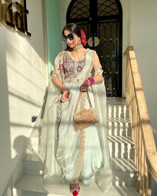 Milky Colour Elegant Wedding & Party Wear 4-Piece Set with Embroidered Belt Clothsvilla