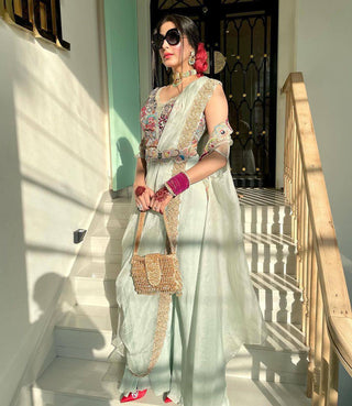 Milky Colour Elegant Wedding & Party Wear 4-Piece Set with Embroidered Belt Clothsvilla