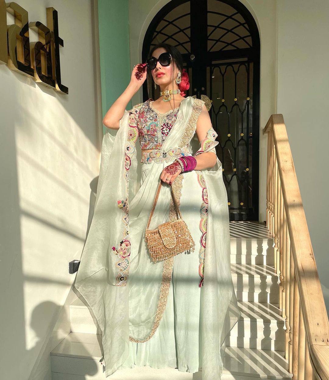 Milky Colour Elegant Wedding & Party Wear 4-Piece Set with Embroidered Belt Clothsvilla