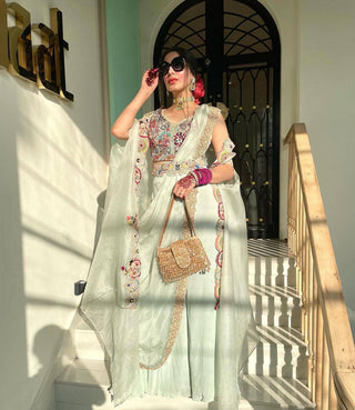 Milky Colour Elegant Wedding & Party Wear 4-Piece Set with Embroidered Belt Clothsvilla