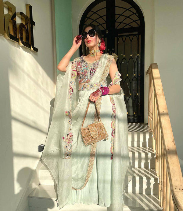 Milky Colour Elegant Wedding & Party Wear 4-Piece Set with Embroidered Belt Clothsvilla