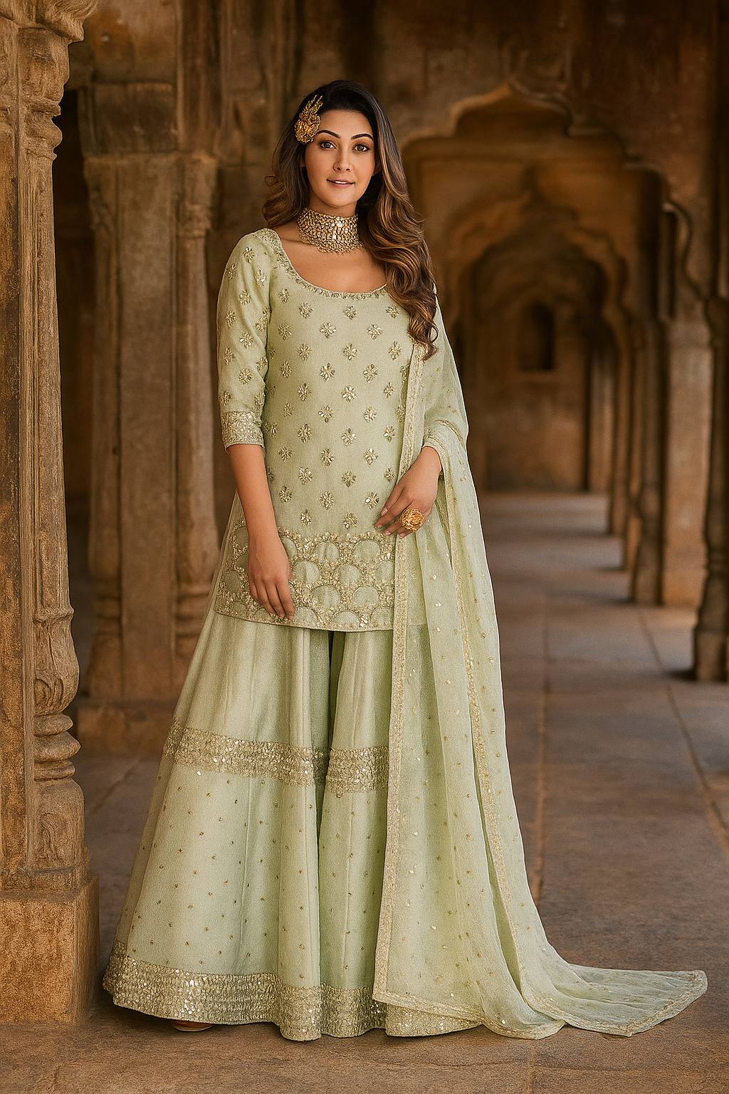 Milky Elegant Nylon Silk Paper Foil Work Top & Plazo Set with Stone Work Net Dupatta ClothsVilla Main image