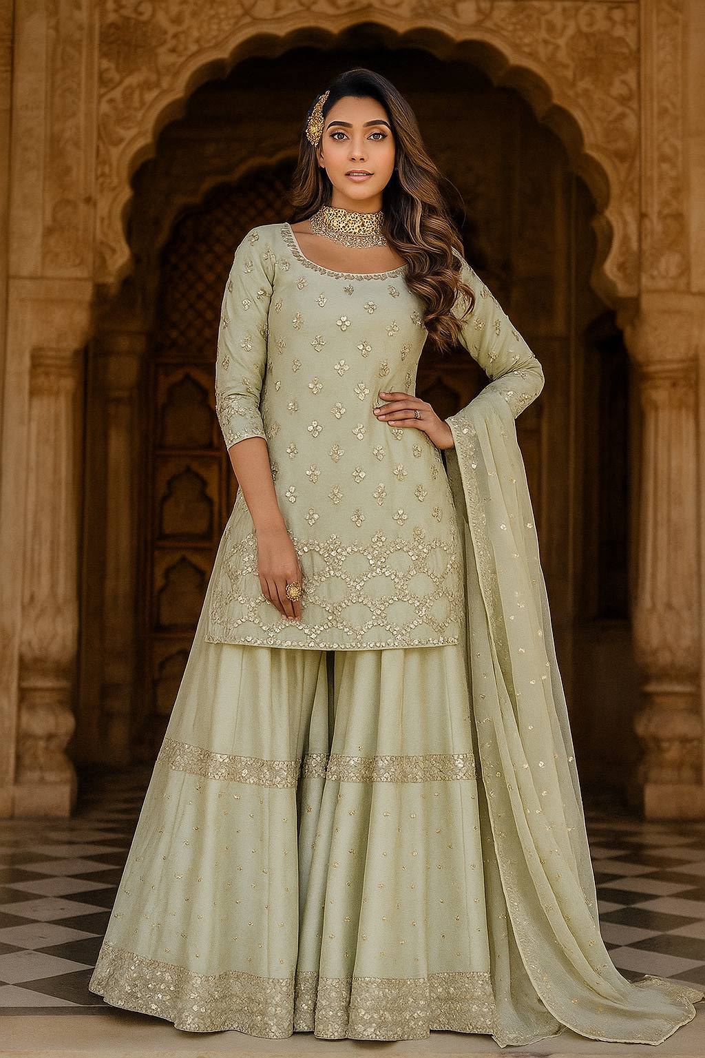 Milky Elegant Nylon Silk Paper Foil Work Top & Plazo Set with Stone Work Net Dupatta ClothsVilla