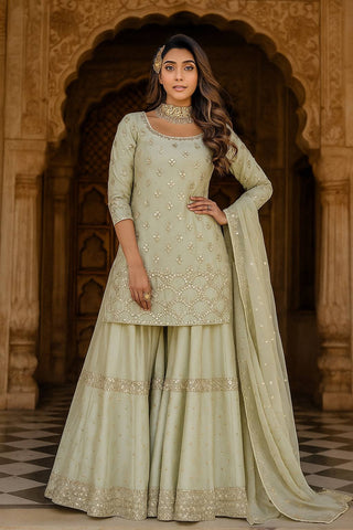 Milky Elegant Nylon Silk Paper Foil Work Top & Plazo Set with Stone Work Net Dupatta ClothsVilla